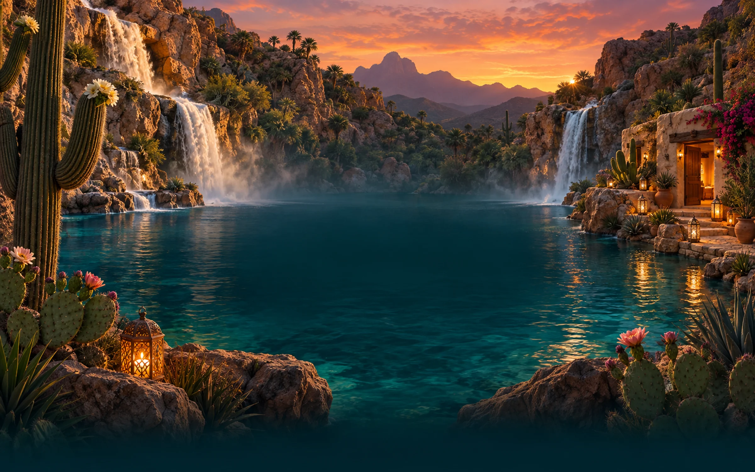 Waterfalls flowing into a turquoise canyon oasis, with tall cacti and a warmly lit adobe casita