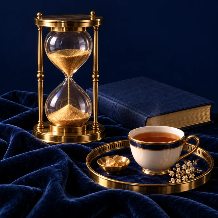 A brass hourglass, book and cup of tea for a quiet pause