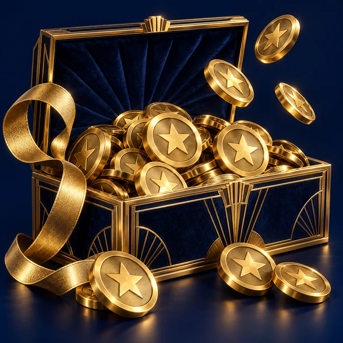 A brass keepsake box of complimentary virtual play tokens