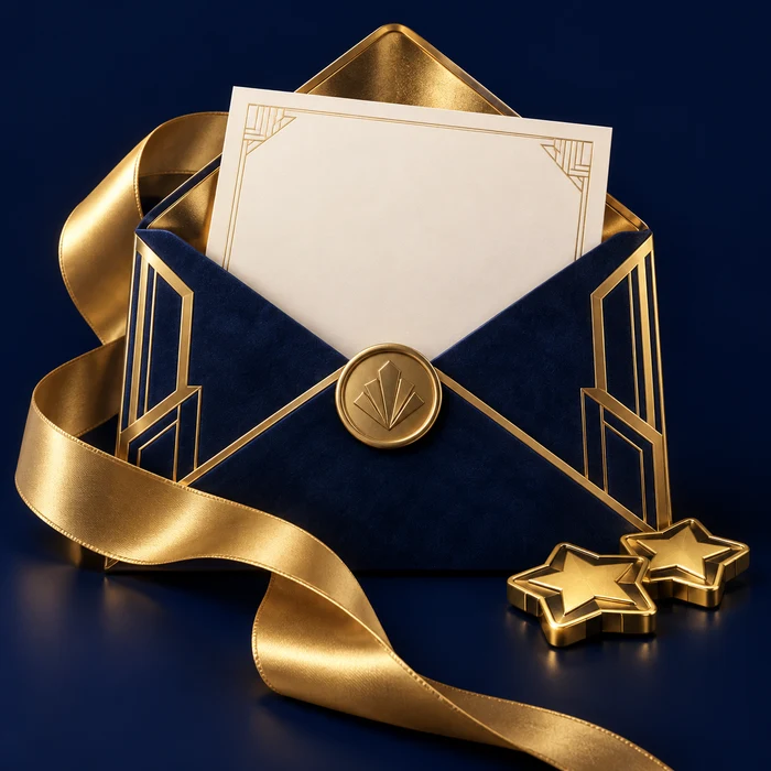 A gold-trimmed navy invitation with a geometric brass seal