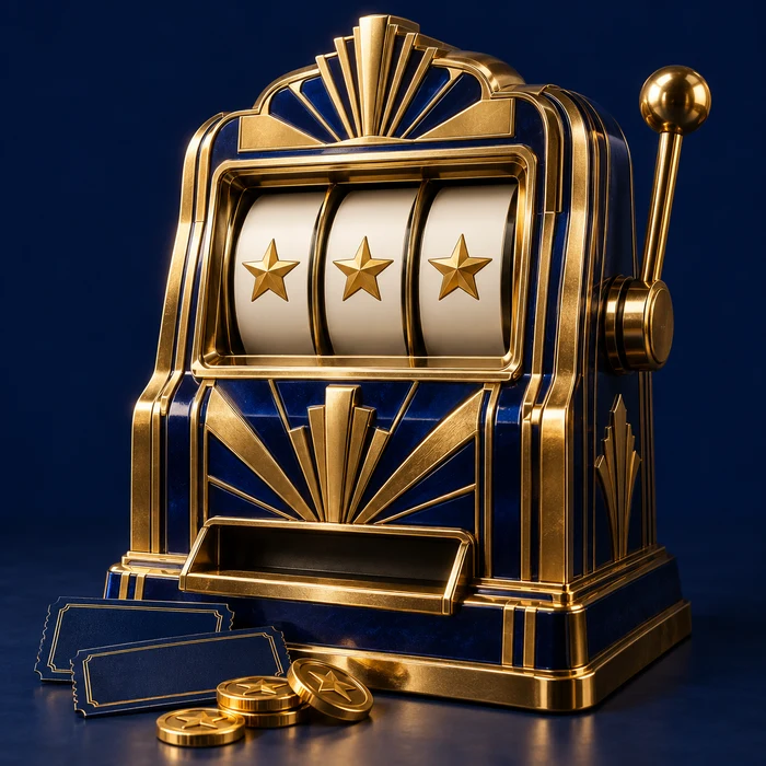 A brass and blue Art Deco mechanical reel cabinet with golden star symbols