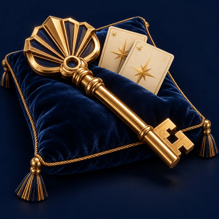 A golden entrance key on blue velvet